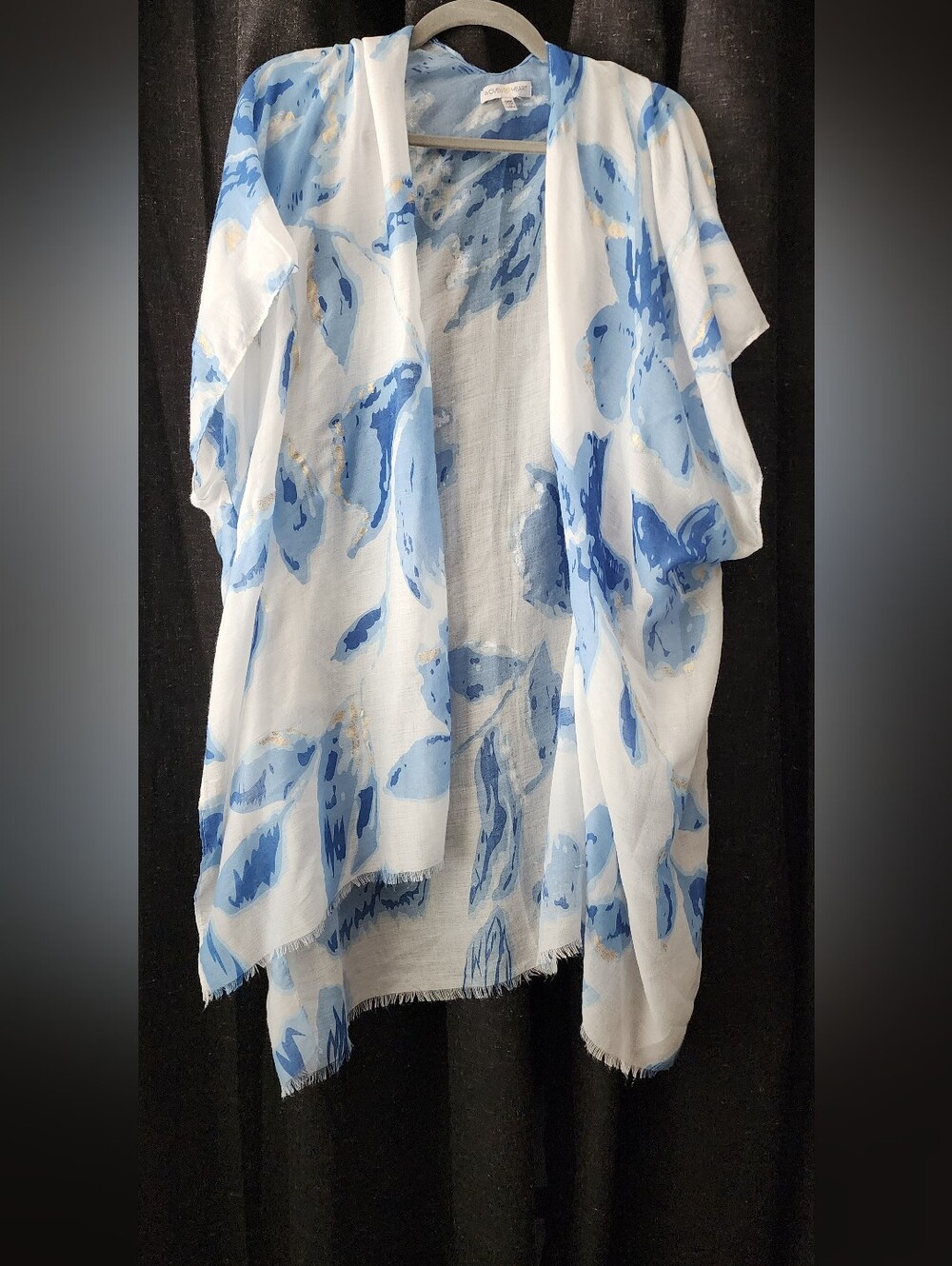 Woven Heart Blue Floral Print Linen Shawl Kimono Wrap One Size Lightweight Boho